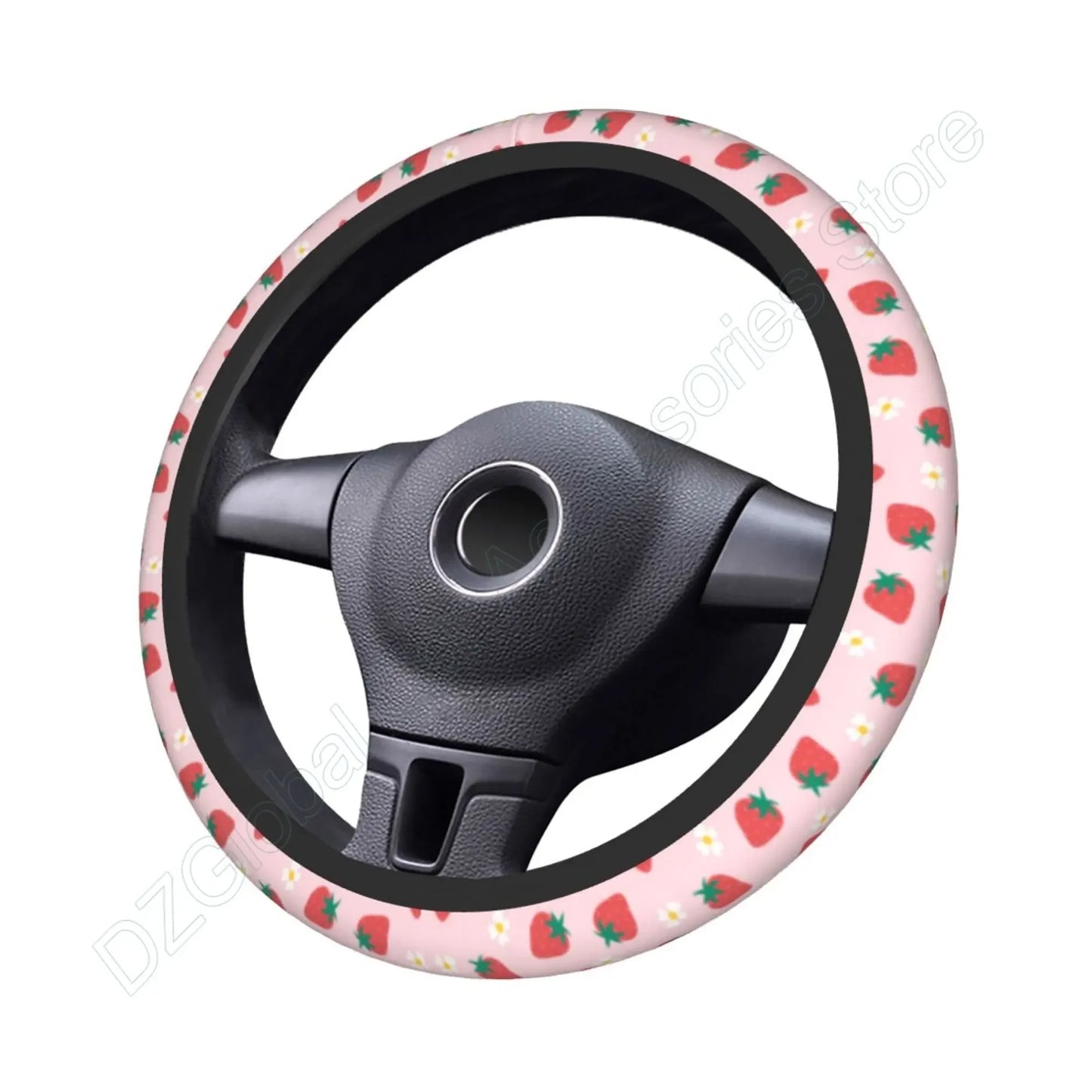 Kawaii Strawberry Flowers Steering Wheel Cover πΈπ | Anti-Slip Elastic Car Accessory π | Universal Fit 15" Protector π‘οΈ