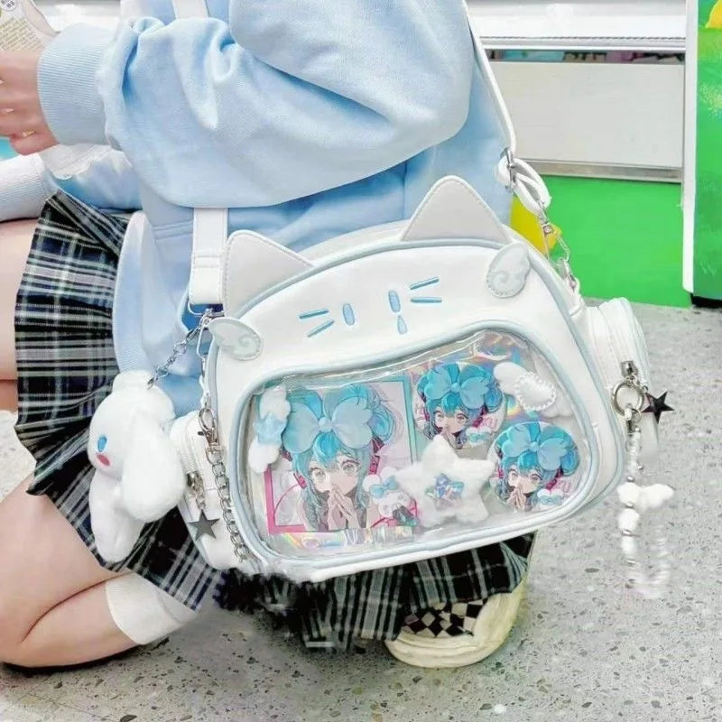 π Adorable Y2K Cat Ita Bag πΎ Cute PU Crossbody with Transparent Pocket! π Perfect for Girls! π - Pixie Quill
