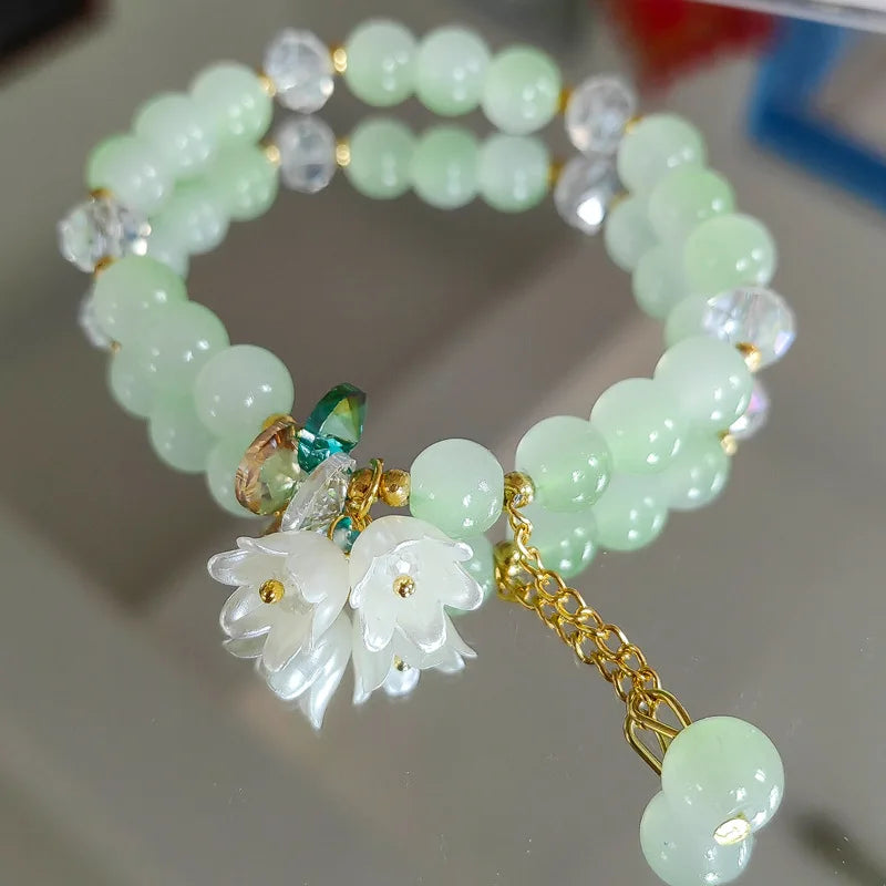 Sweet Vintage Pearl Lily Tulip Flower Bracelet for Women Fashion Korean Cute Tassel Peach Pendant Bracelets Aesthetic Jewelry