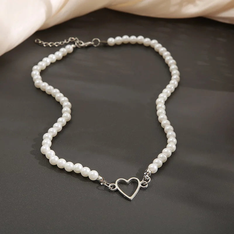 Kawaii Vintage Heart Pendant Necklace πβ¨ - Trendy Pearl & Link Chain Jewelry for Women π Perfect Gift!