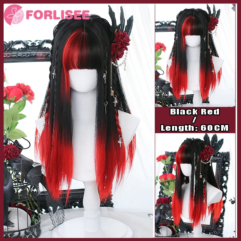 Kawaii Magic! πΈβ¨ FORLISEE Black & Pink Long Straight Wig with Bangs - Perfect for Cosplay & Sweet Lolita Looks! ππ
