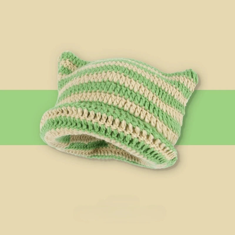 Kawaii Striped Devil Beanie π | Cute Cat Ear Knit Hat for Women πΎ | Cozy Winter Crochet Cap βοΈ
