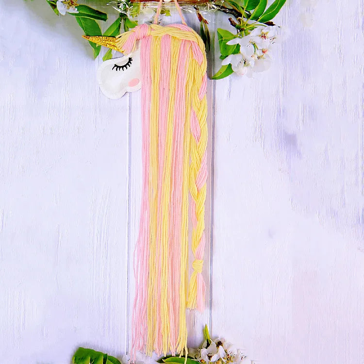 Kawaii Unicorn Hair Clip Organizer πβ¨ Wall Hanging Storage for Girls' Room Decor π Bohemian Tassel Art