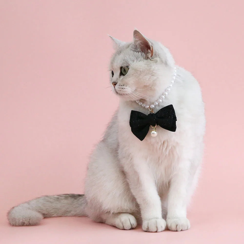 β¨ Sparkling Pet Pearl Collar with Adorable Bowtie π - Bling Jewelry for Your Furry Friends! πΎ