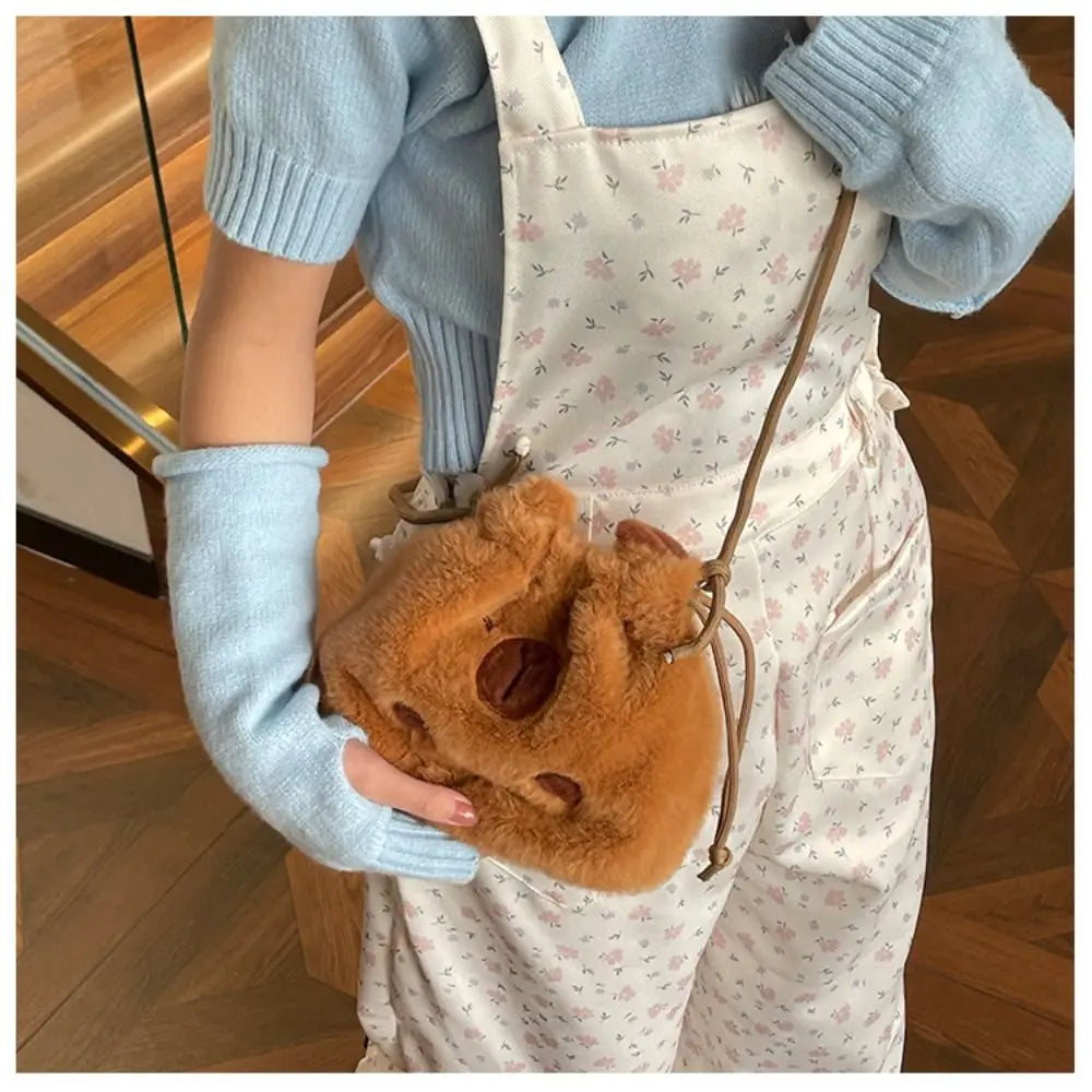 Kawaii Capybara Plush Crossbody Bag πΎβ¨ | Cute Drawstring Bucket Pouch for Phone & Coins ππ