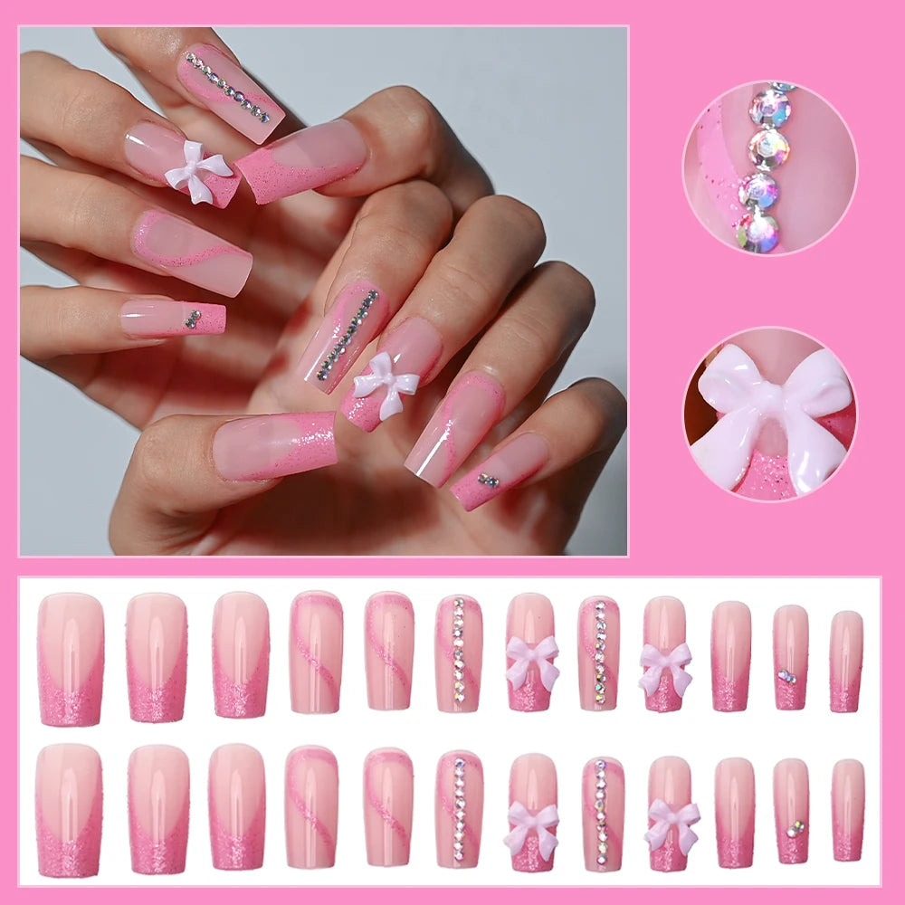 Kawaii Blush Pink 3D Bowknot & Pearl Press-On Nails πβ¨ | 24pcs Adorable Fake Nail Tips for Cute DIY Manicures!