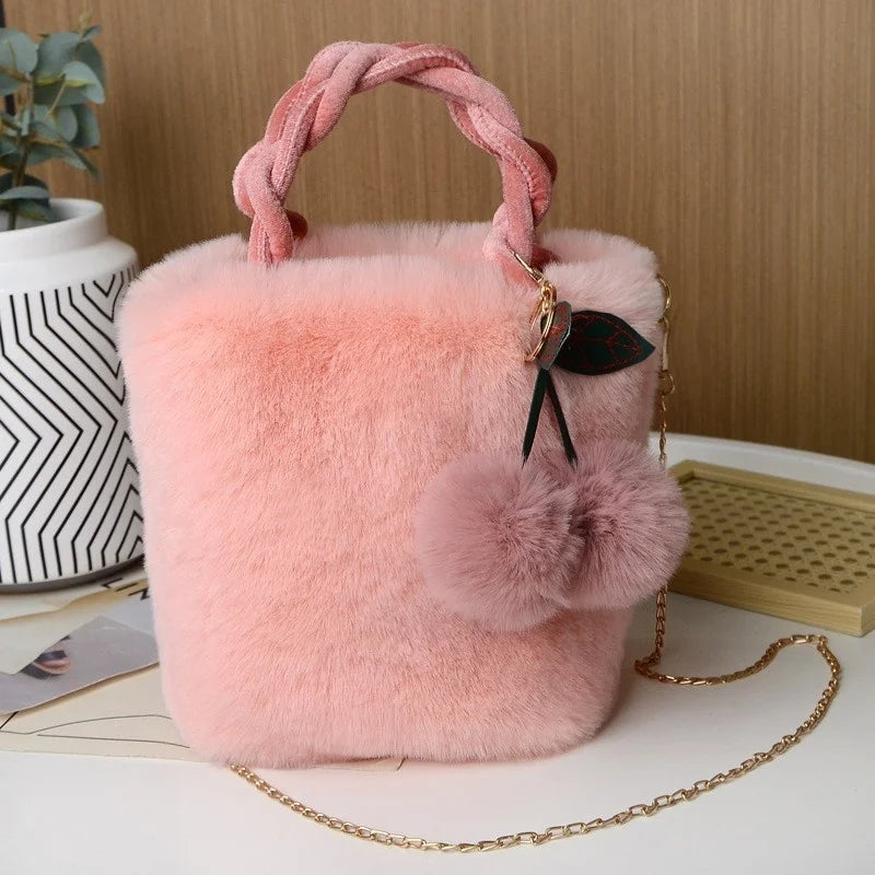 Kawaii Plush Faux Fur Crossbody Bag πΎβ¨ with Pompom Cherry & Fluffy String π - Cute Small Purse for Girls!