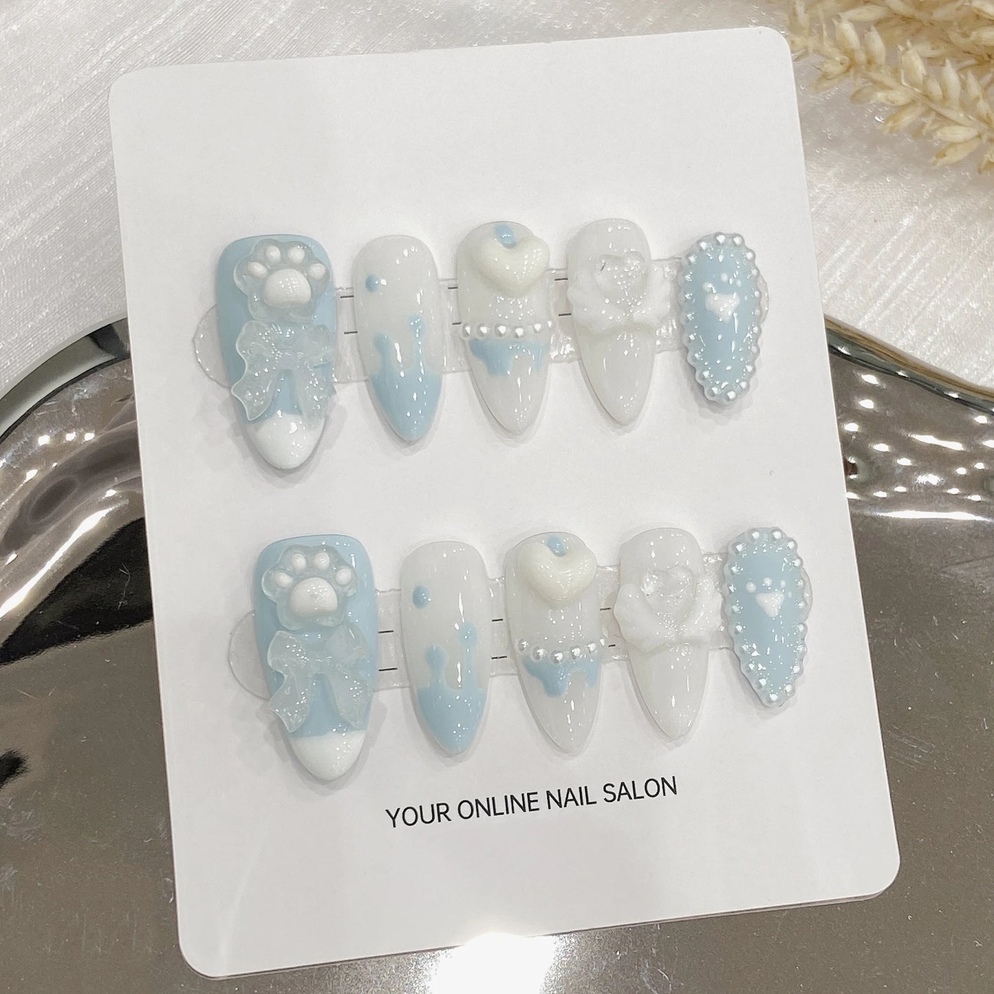 Kawaii Light Blue Bear & Cat Press-On Nails πΎβ¨ | Cute Almond Shaped Fake Nails with French Pearls π | Perfect for Parties & DIY Manicures!