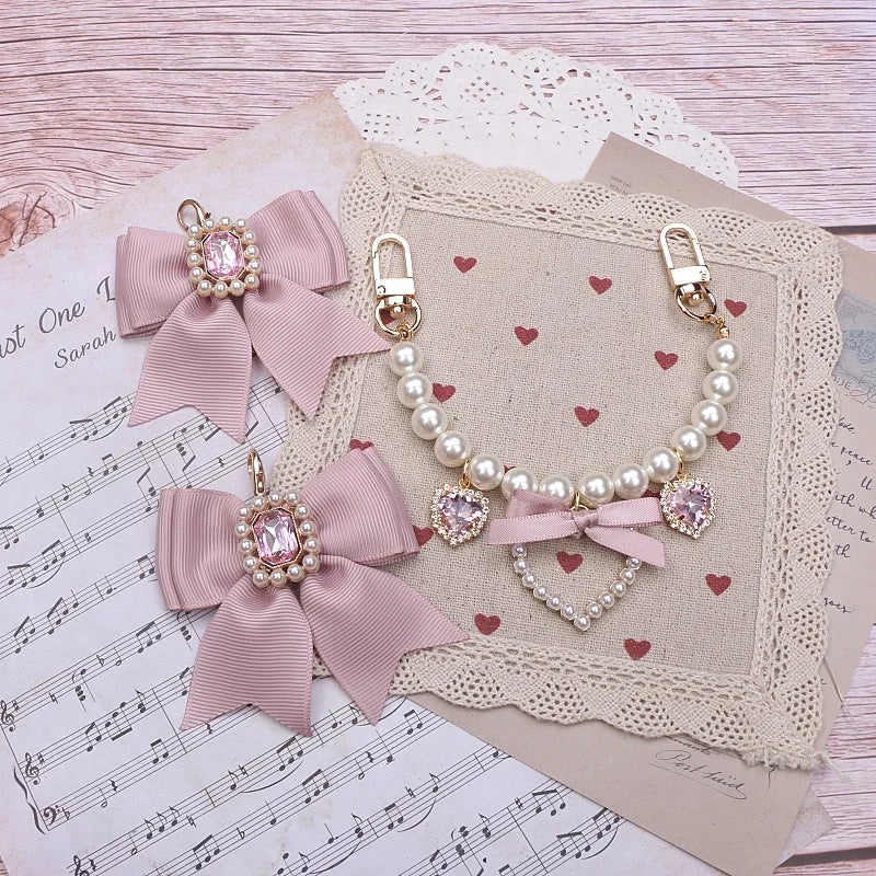 Kawaii Pearl Bow Rhinestone Love Pendant Bag Charm 🎀 | Handmade Japanese Sweet Accessories for Girls 💖✨
