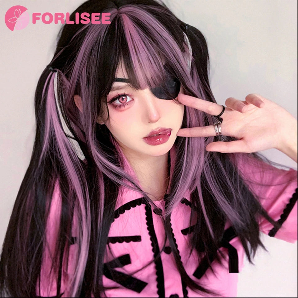 Kawaii Magic! πΈβ¨ FORLISEE Black & Pink Long Straight Wig with Bangs - Perfect for Cosplay & Sweet Lolita Looks! ππ