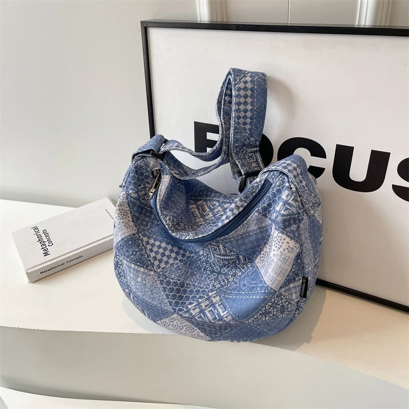 Kawaii Denim Dream πβ¨ - Patchwork Shoulder Bag for Trendy Girls, Versatile Messenger Hobo Style! ππ