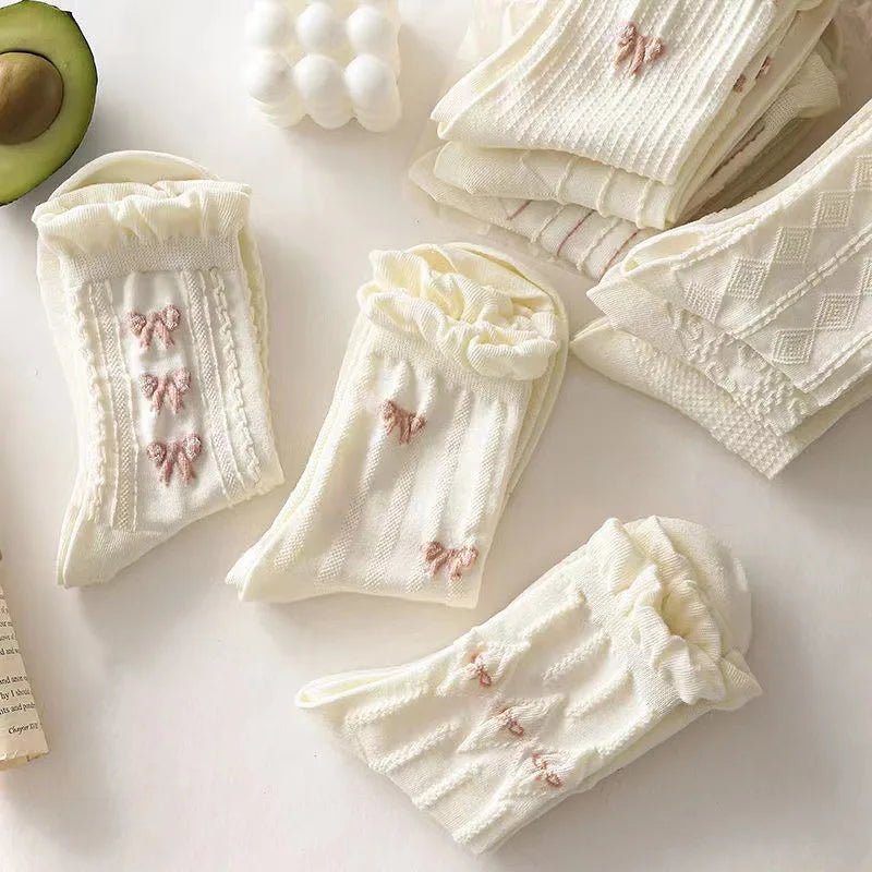 Charming Cotton Socks with Cute Bowknot & Floral Fun ๐ธโจ Perfect for Harajuku & Lolita Styles! - Pixie Quill