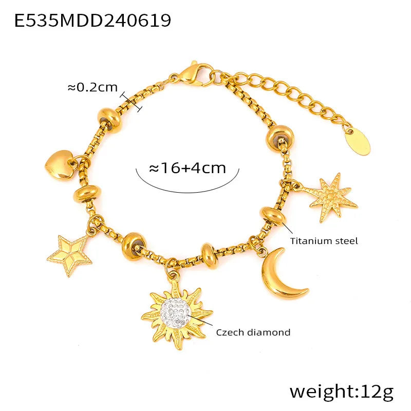 Kawaii Moon & Heart Stainless Steel Charm Bracelet 🌙💖 | Cute Luxury Jewelry Gift for Women 🎁✨