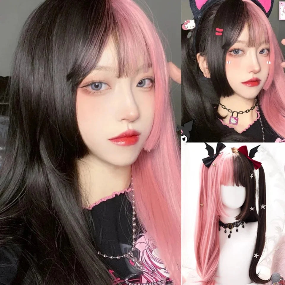 Enchanting Ombre Kawaii Wig πβ¨ - Long Straight Lolita Style with Bangs in Glacier Blue & Blonde!