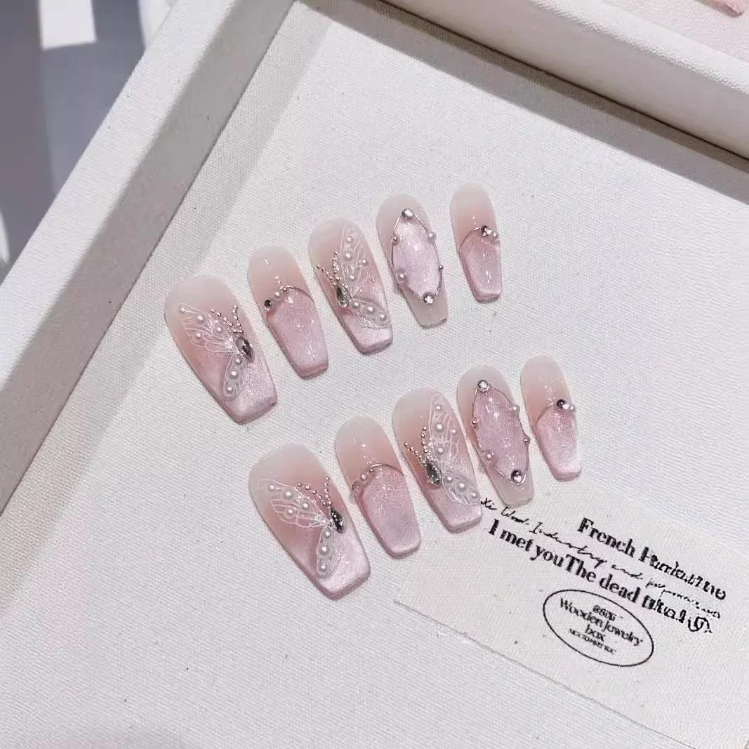 Kawaii 10-Piece Pink Coffin Press-On Nails with 3D Rhinestones & Butterfly Design 🦋💖✨ - Reusable & Easy to Apply!