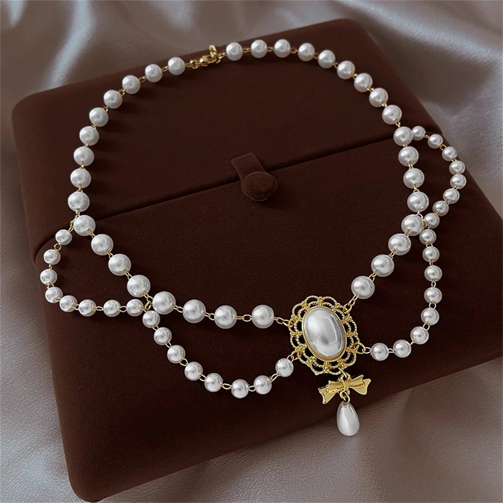 Kawaii Double White Pearl Heart Choker 💖✨ | Adorable Vintage Necklace with Bowknot Pendant for Weddings & Parties!