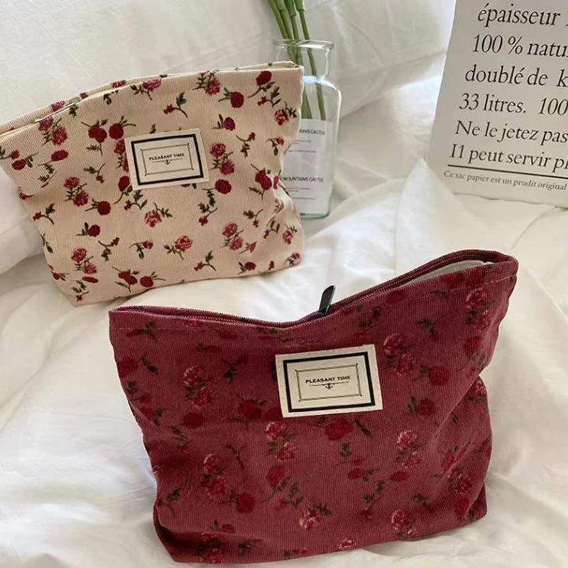 Charming Kawaii Corduroy Flower Makeup Bag πΈβ¨ | Cute Clutch Organizer for Cosmetics & Toiletries πΌπ
