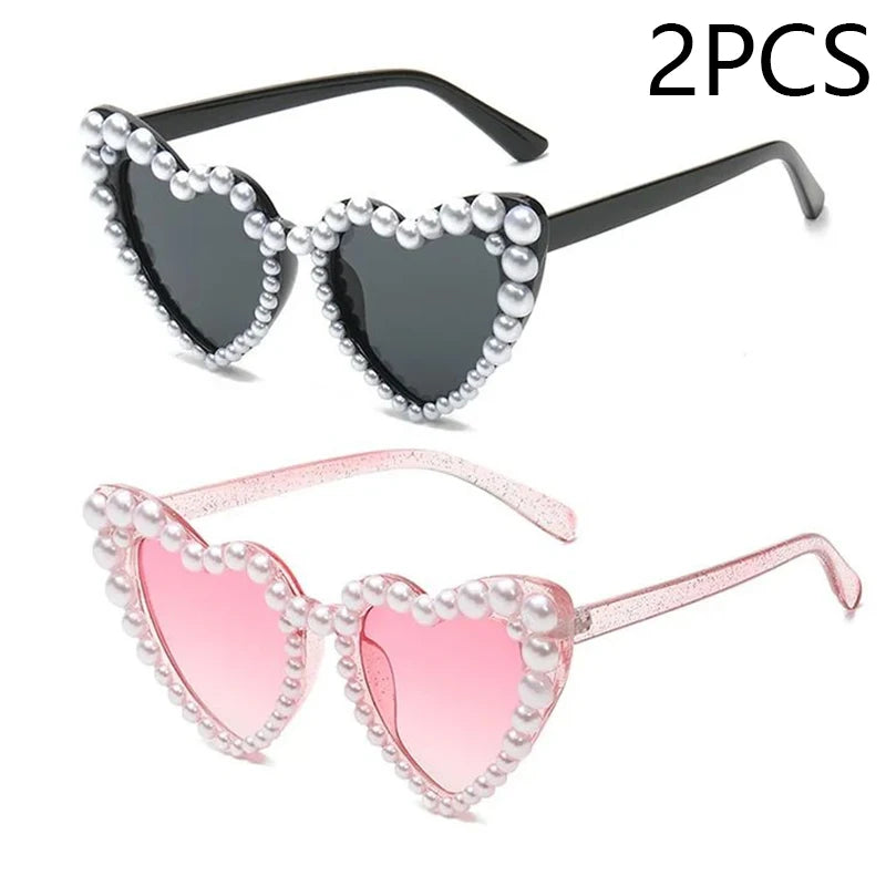 Kawaii Heart-Shaped Shimmering Pearl Sunglasses πβ¨ - Trendy Bling Casual Eyewear for Women πΈπΆοΈ