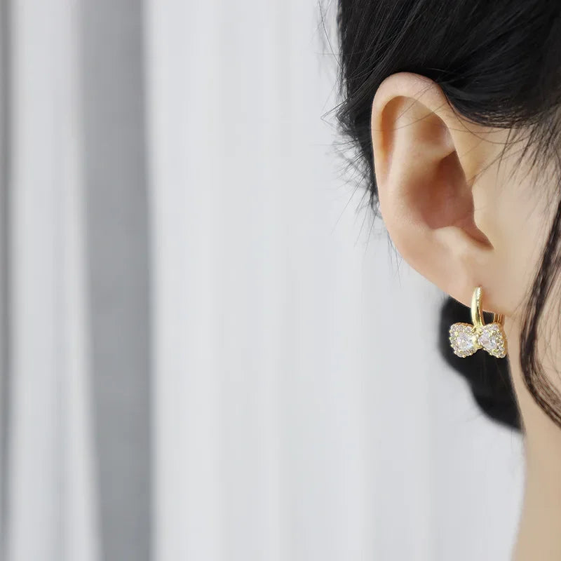Kawaii Chic Gold-Plated Bow Zirconia Earrings 🎀✨ | Adorable Daily Accessory for Women