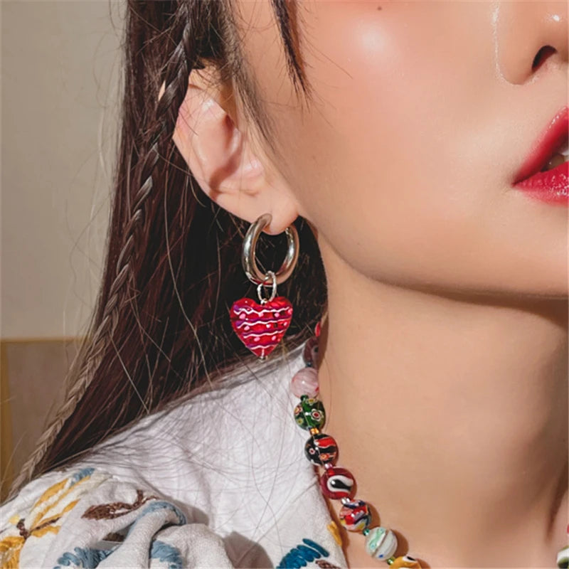 Kawaii Sweetheart Red Glass Heart Drop Earrings 💖✨ - Adorable Asymmetrical Jewelry for Party Girls!