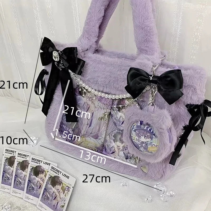 Kawaii Dreams: 3D Bow-Adorned Plush Ita Bag with Transparent Pockets π¦β¨