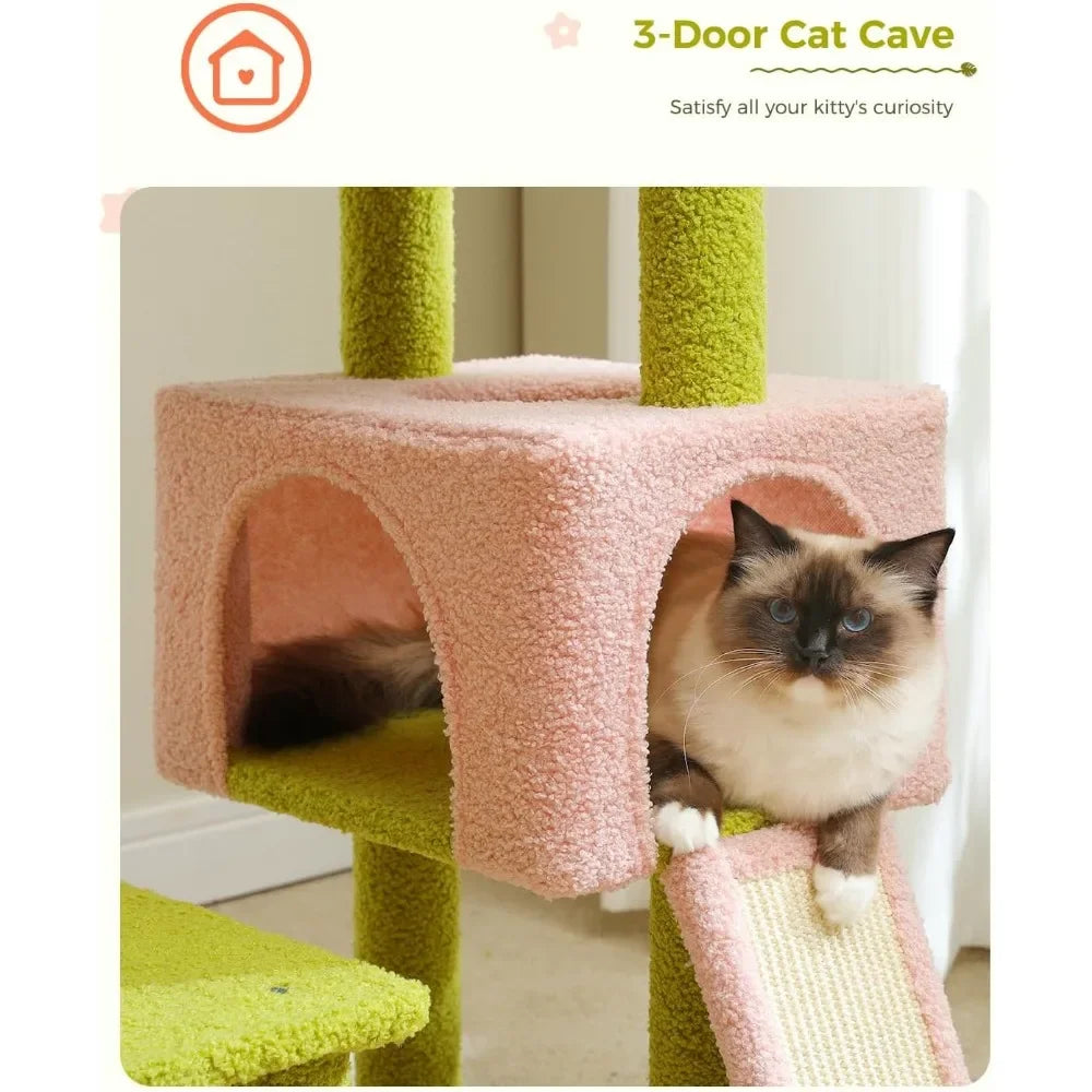 🌸 Purr-fect Flower Cat Haven 🌼 47.2" Cutie Cat Tower with Cozy Nooks & Fluffy Toys! 🐾