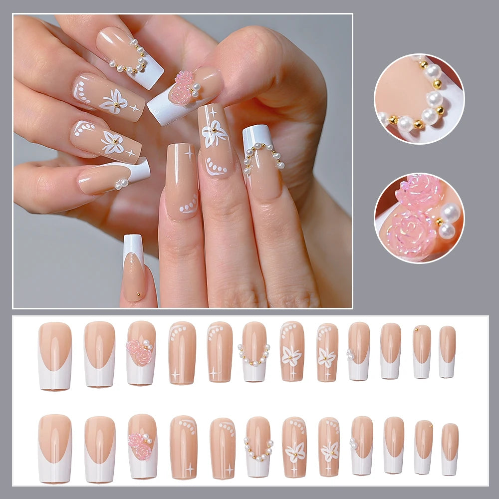 Kawaii Blush Pink 3D Bowknot & Pearl Press-On Nails πβ¨ | 24pcs Adorable Fake Nail Tips for Cute DIY Manicures!