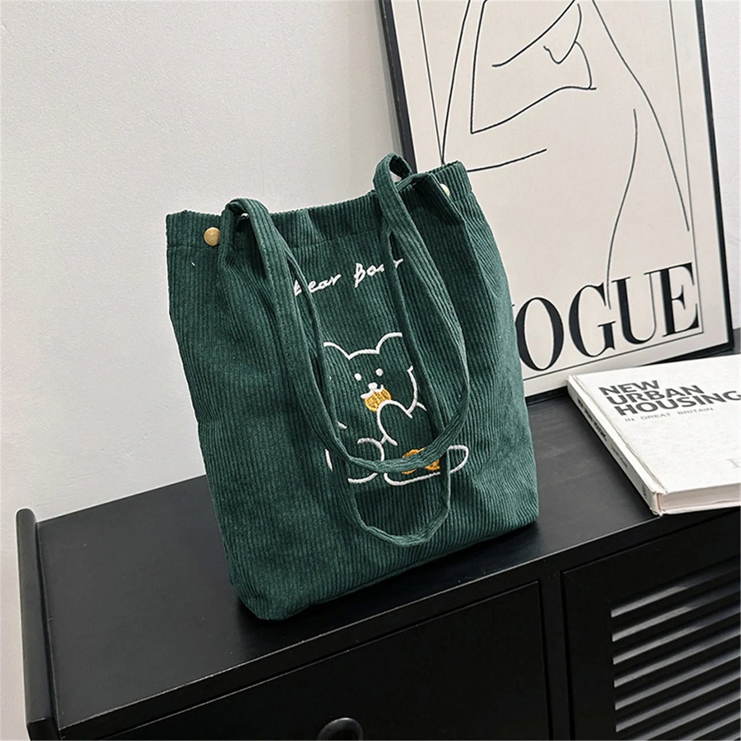 Kawaii Bear Corduroy Tote Bag - Whimsical and Foldable Shopping Companion! ๐ปโจ