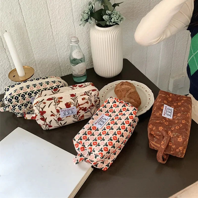Kawaii Corduroy Flower Makeup Pouch πΈβ¨ | Adorable Travel Cosmetic Bag for Students ππ | Stylish Lipstick & Brush Organizer π