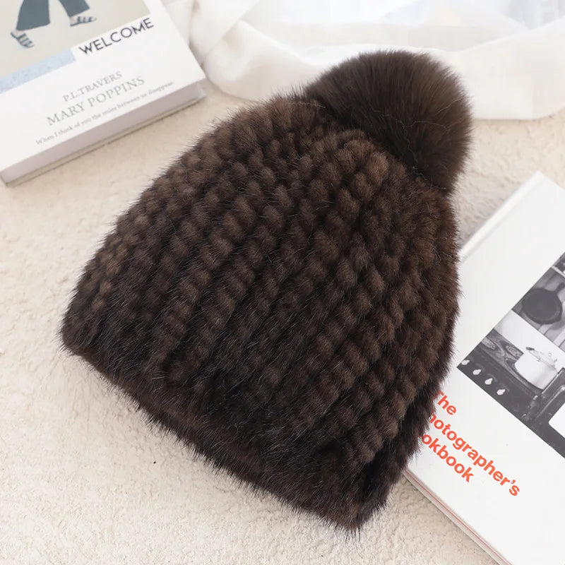 Fluffy Real Mink Fur Hat For Women With Fox Fur Pom Poms ❄️ Cozy Winter Beanie