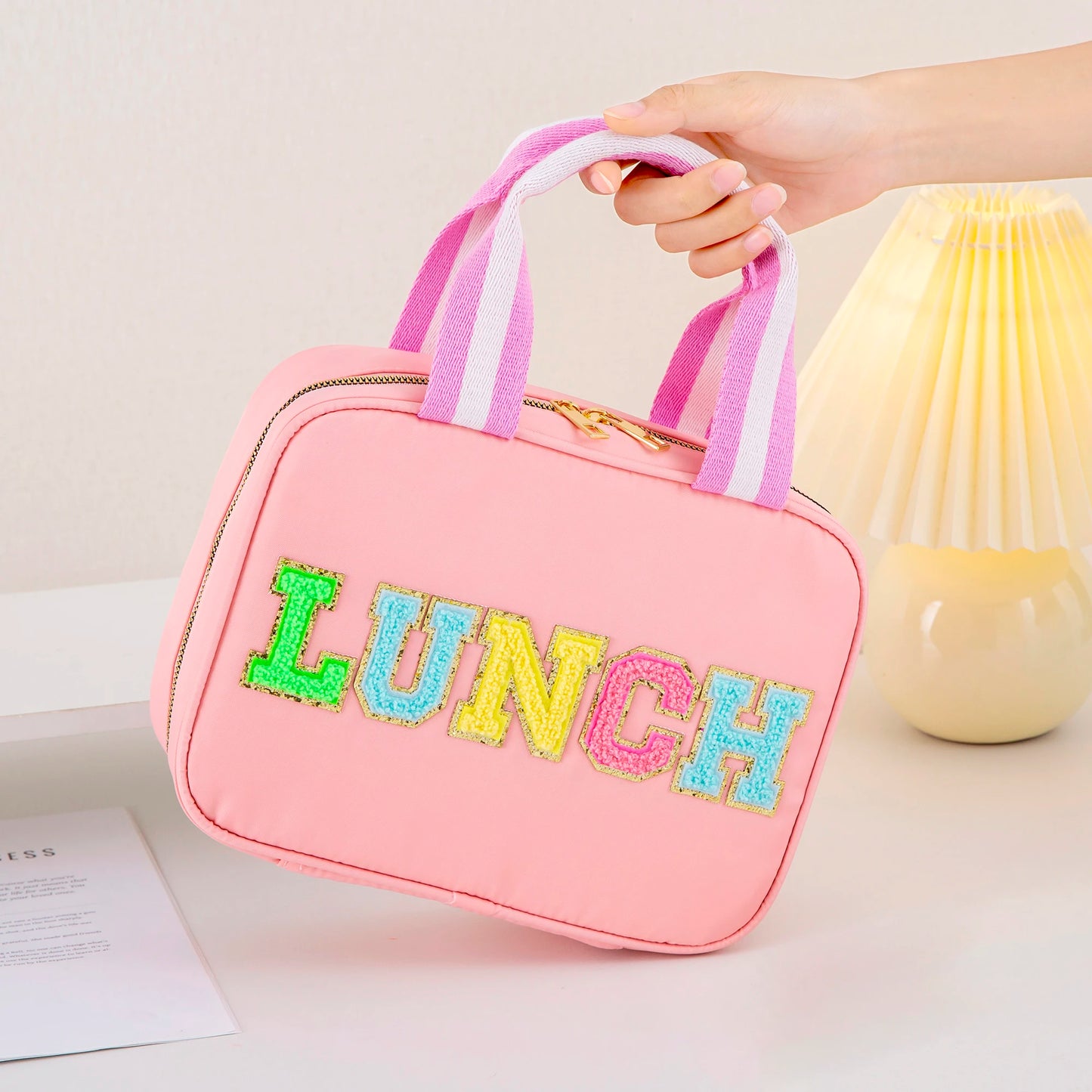 Kawaii Nylon Insulated Lunch Tote πβ¨ | Adorable Reusable Cooler Bag with Chenille Letters for Kids & Travel π₯ͺπ