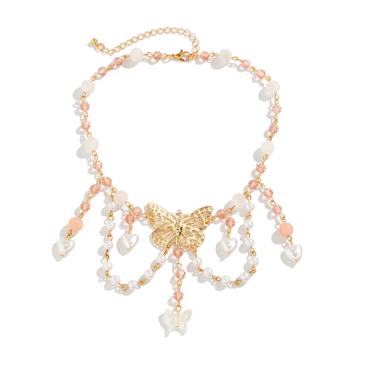 Kawaii Butterfly Love Heart Pendant Necklace ✨🌸 | Y2K Choker with Imitation Pearls & Tassel Charm for Women 🦋💕