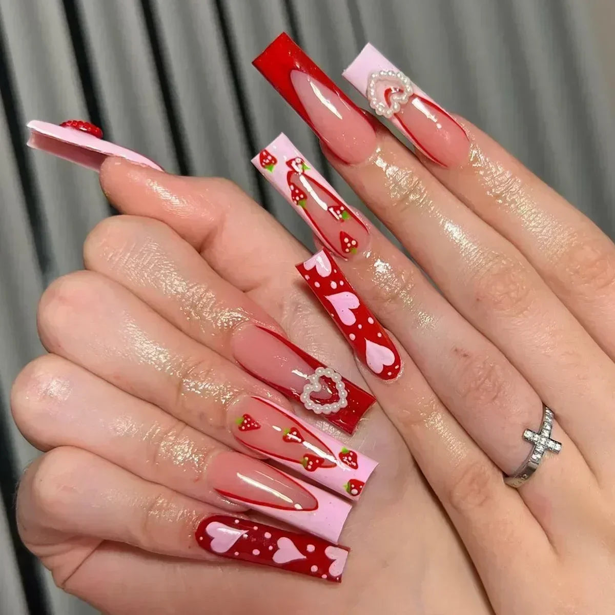 Kawaii Love Pattern Coffin Nails πβ¨ | 24Pcs Brown French Full Cover Press-On Tips π
π