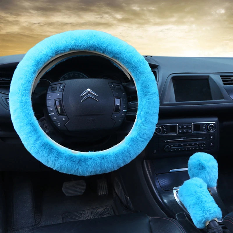 Cozy Kawaii Plush Rabbit Fur Steering Wheel Cover Set π°β¨ | Warm Winter Handbrake & Shift Sleeve | 38cm Universal Fit