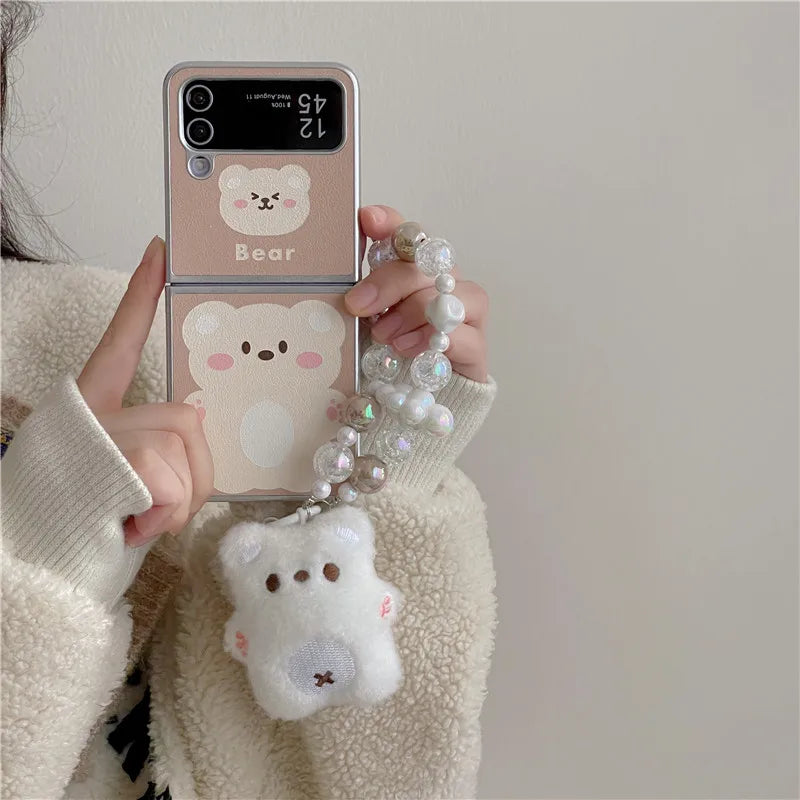 β¨ Adorable Cartoon Bear Bracelet Case for Samsung Galaxy Z Flip 3/4/5/6 π»π Shockproof Lambskin Cover!