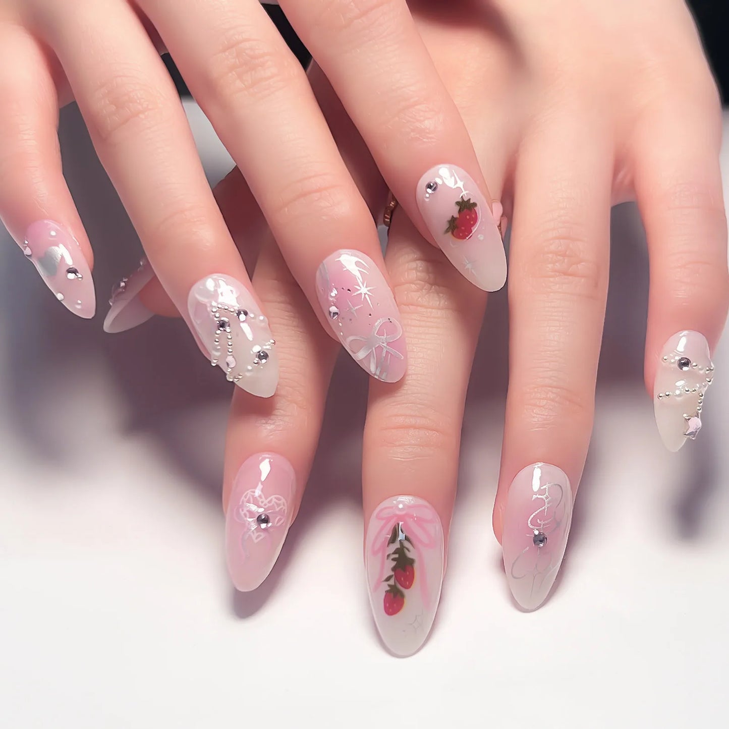 Kawaii 24Pcs Blush Pink Almond Press-On Nails πΈβ¨ with 3D Bow Knot Decor - Sweet Glossy Full Cover Tips for Creative Nail Art! ππ