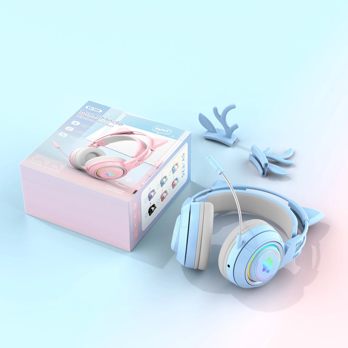Kawaii Cat Ear Bluetooth Headphones π§β¨ - Cute Antlers Gaming Headset with RGB Lights for Kids πΎπ¦