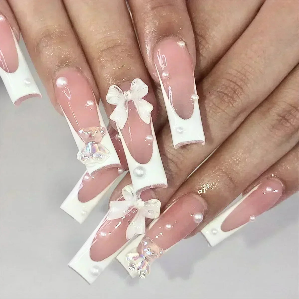 Kawaii Love Pattern Coffin Nails πβ¨ | 24Pcs Brown French Full Cover Press-On Tips π
π