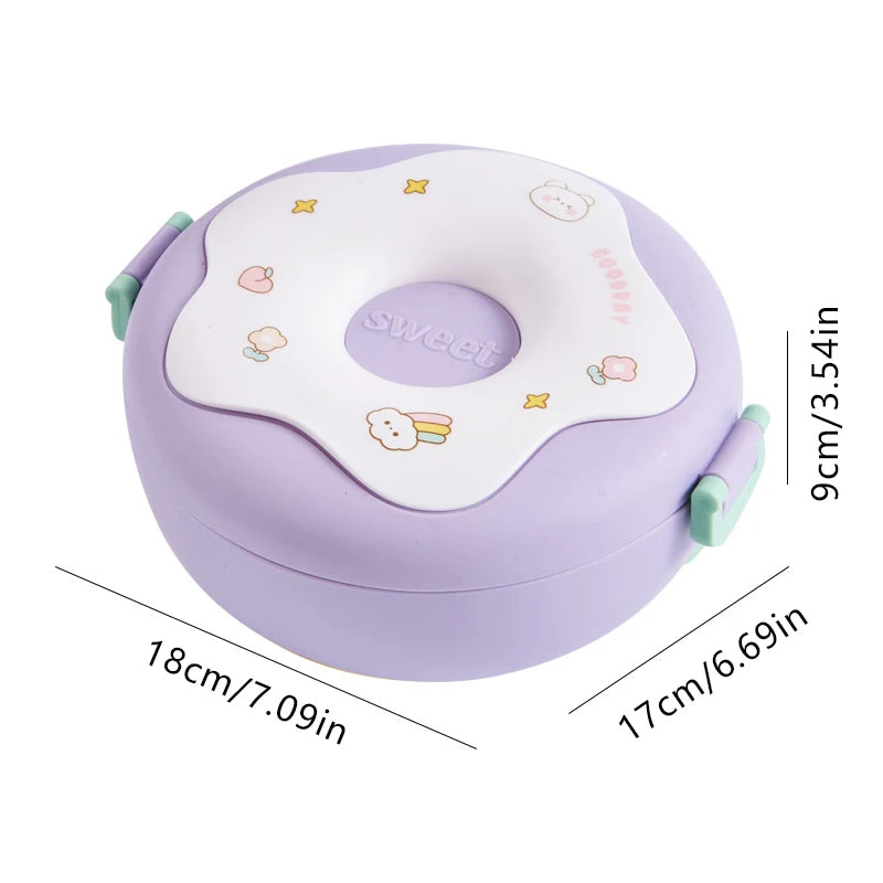 Kawaii Donut Cartoon Lunch Box π©β¨ - Leakproof Bento Box for Kids | 3-Compartment Snack Container with Fork & Spoon π₯π₯ | Perfect for School & Picnics!