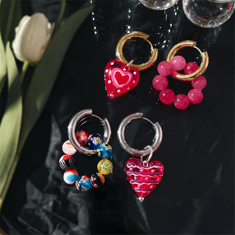 Kawaii Sweetheart Red Glass Heart Drop Earrings 💖✨ - Adorable Asymmetrical Jewelry for Party Girls!