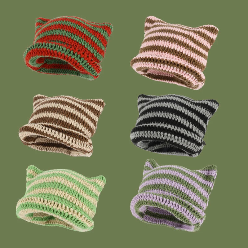 Kawaii Striped Devil Beanie π | Cute Cat Ear Knit Hat for Women πΎ | Cozy Winter Crochet Cap βοΈ