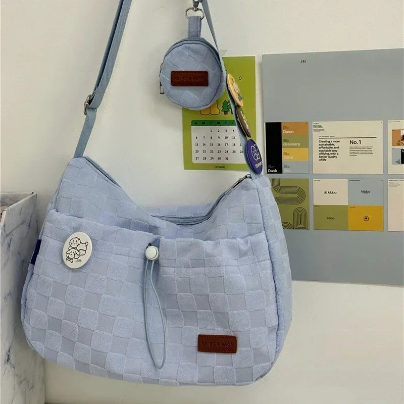 Xiuya Harajuku Style College Crossbody Bag Solid Color Plaid Print Large Capacity Shoulder Bag New Cute Fashion Designer Handbag - Pixie Quill