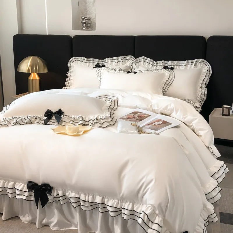 Adorable Ruffle White Duvet Cover Set ๐ธโจ Soft Microfiber Girls' Bedding with Cute Bow-Knots ๐ 3/4/6Pcs Options