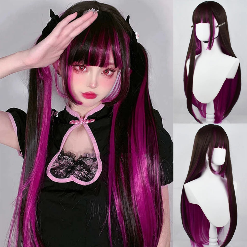 Enchanting Ombre Kawaii Wig πβ¨ - Long Straight Lolita Style with Bangs in Glacier Blue & Blonde!