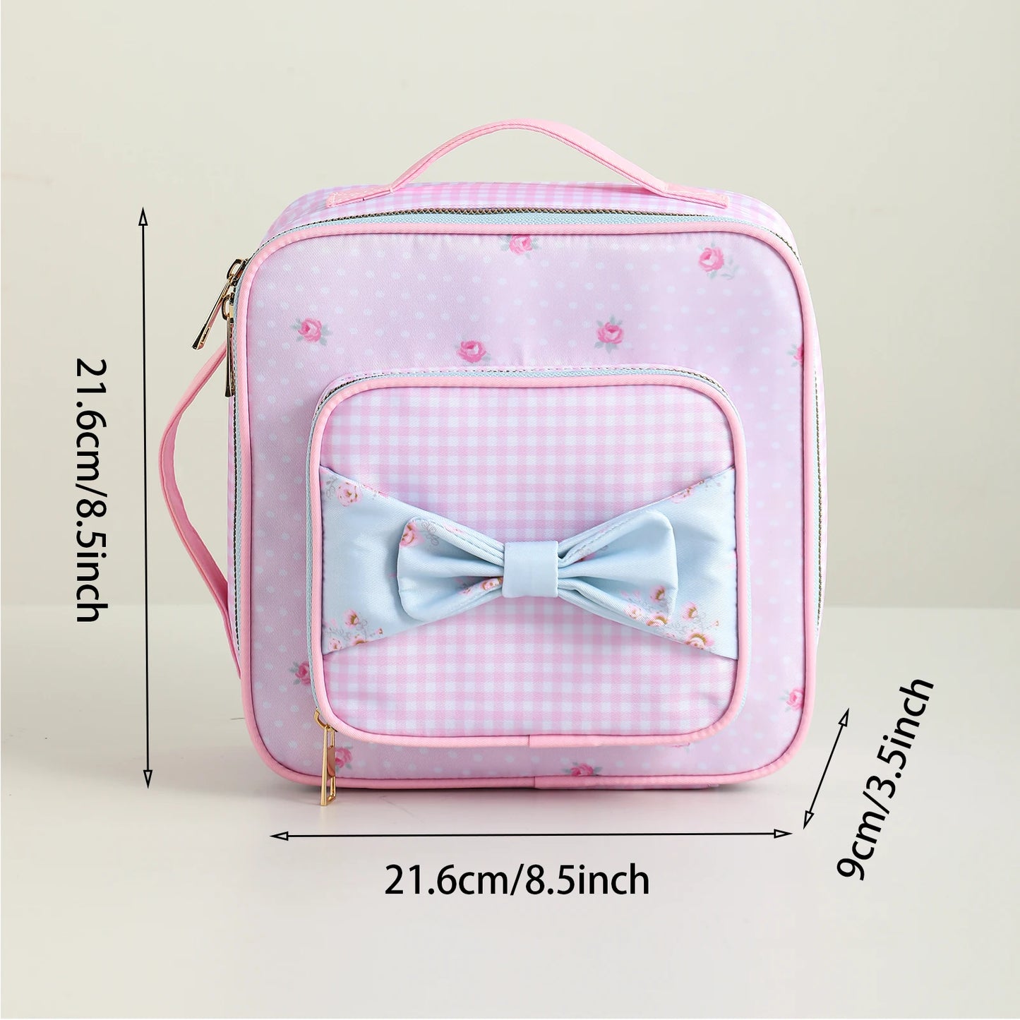Kawaii Insulated Lunch Tote π±πΈ Cute Floral Canvas with Polka Dots & Blue Plaid Bow πΌπ Portable Zipper Bag with Handle