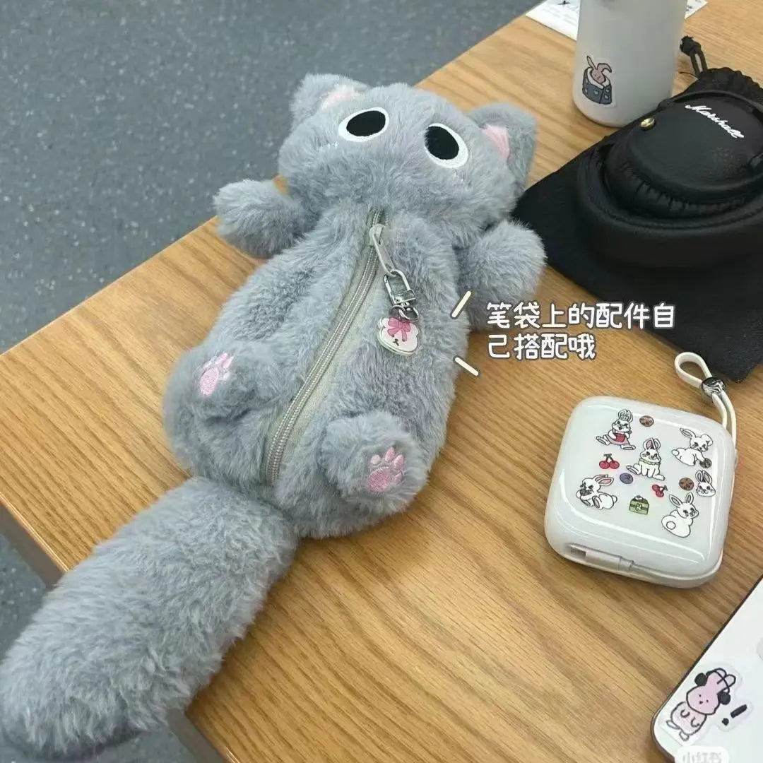 Kawaii Gray Plush Kitten Pencil Case πΎβ¨ - Adorable Large-Capacity Stationery Organizer for Students! πβοΈ