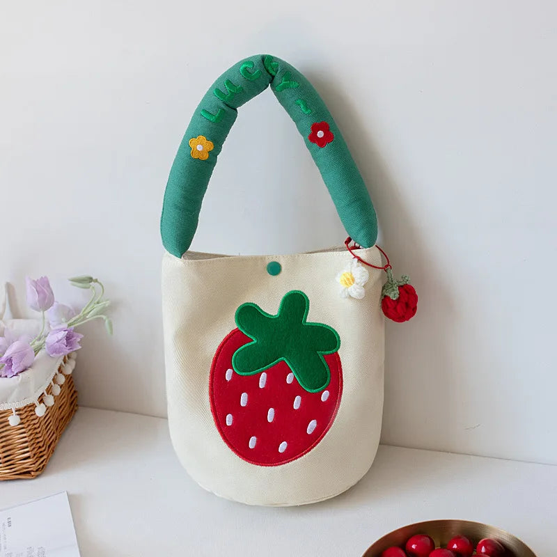 Kawaii Strawberry Embroidery Canvas Bucket Bag πβ¨ - Cute Summer Handbag for Women with Pendant & Fashionable Letter Design!