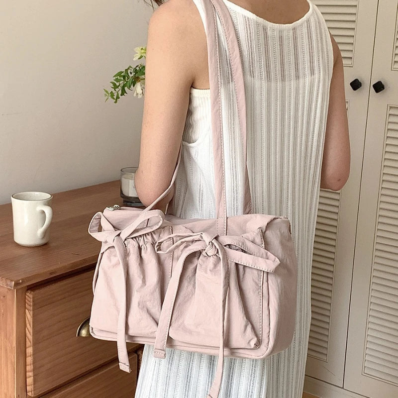 Charming Kawaii Nylon Tote Bag with Adorable Bow Design β Spacious & Playful Travel Companion! πΈπβ¨