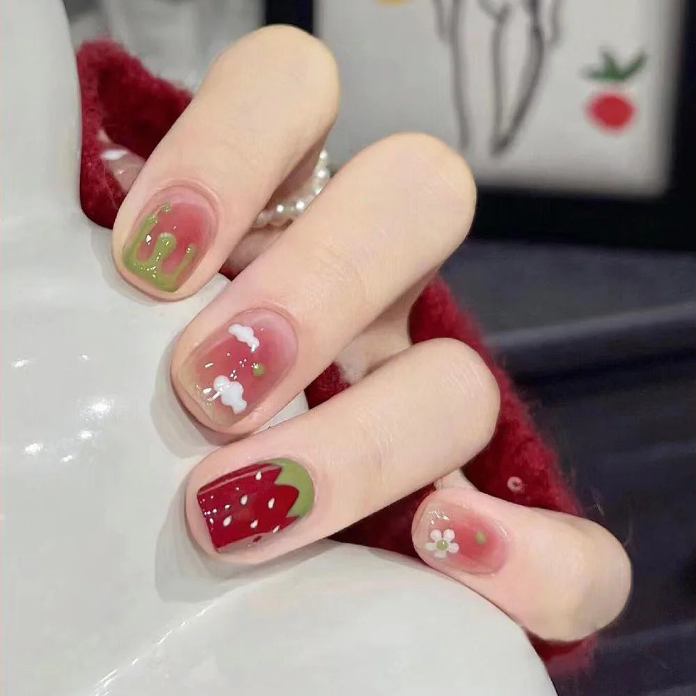 Kawaii 24pcs Iced Strawberry Cloud Fake Nails πβ¨ Cute Short Press-On Acrylic Tips for Girls!