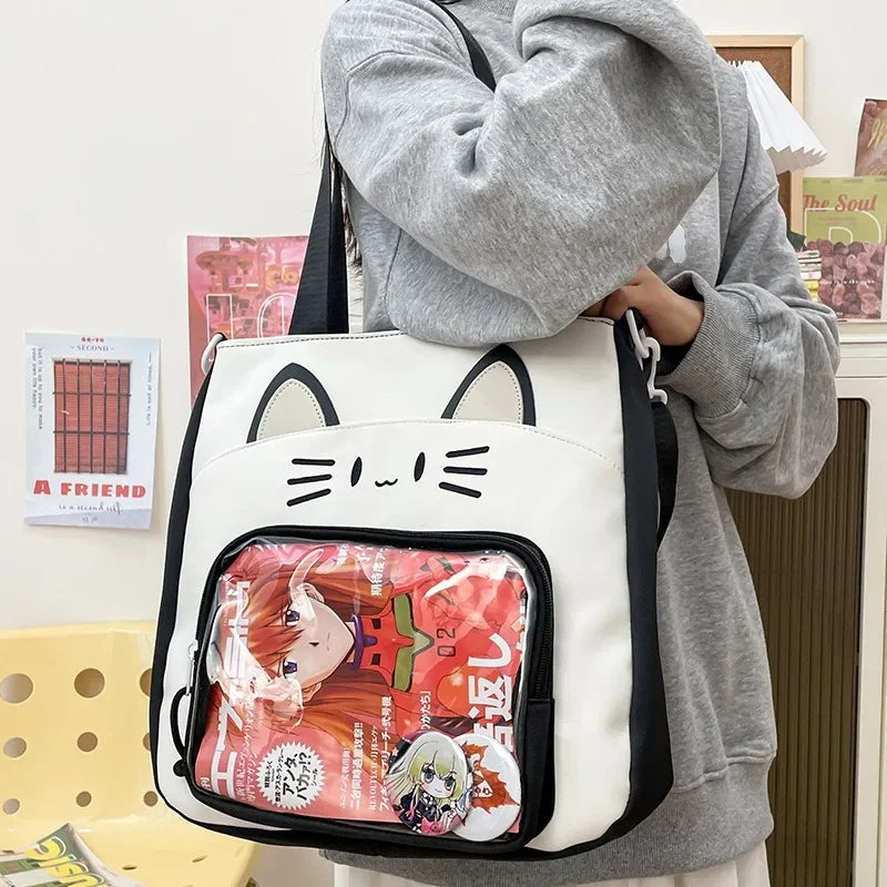 Kawaii Cat Love ๐โจ Large Nylon Ita Shoulder Bag - Versatile Crossbody Handbag with Transparent DIY Pocket ๐พ๐